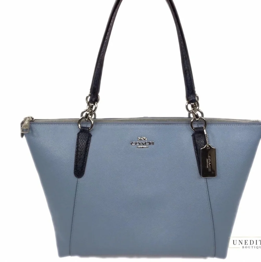 COACH Ava Exotic Trim Tote – Cornflower Snake-Embossed Leather, Zip Closure